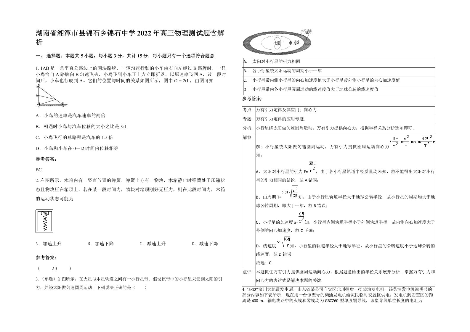 湖南省湘潭市县锦石乡锦石中学2022年高三物理测试题含解析