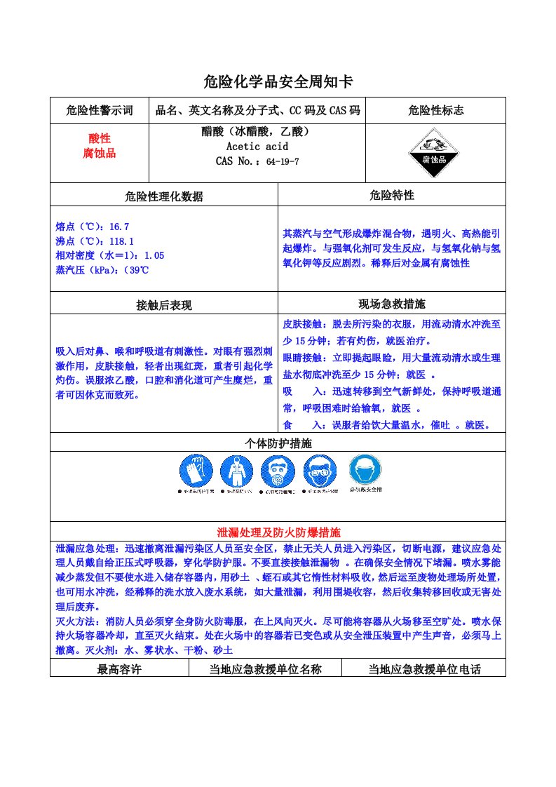 乙酸(冰醋酸)安全周知卡-危化品