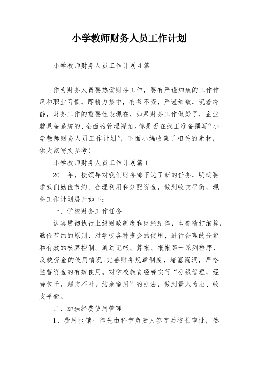 小学教师财务人员工作计划