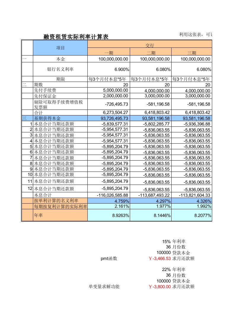 融资租赁实际利率计算表