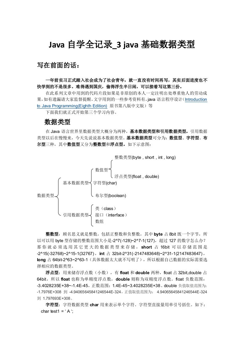 java自学全记录3：java基础数据类型