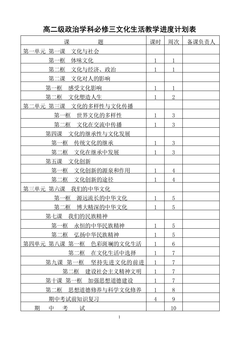 高二级政治文化生活必修三课堂教学进度计划表