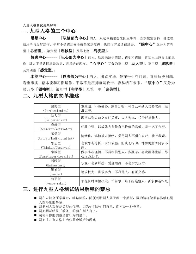 九型人格测试结果分析与解释