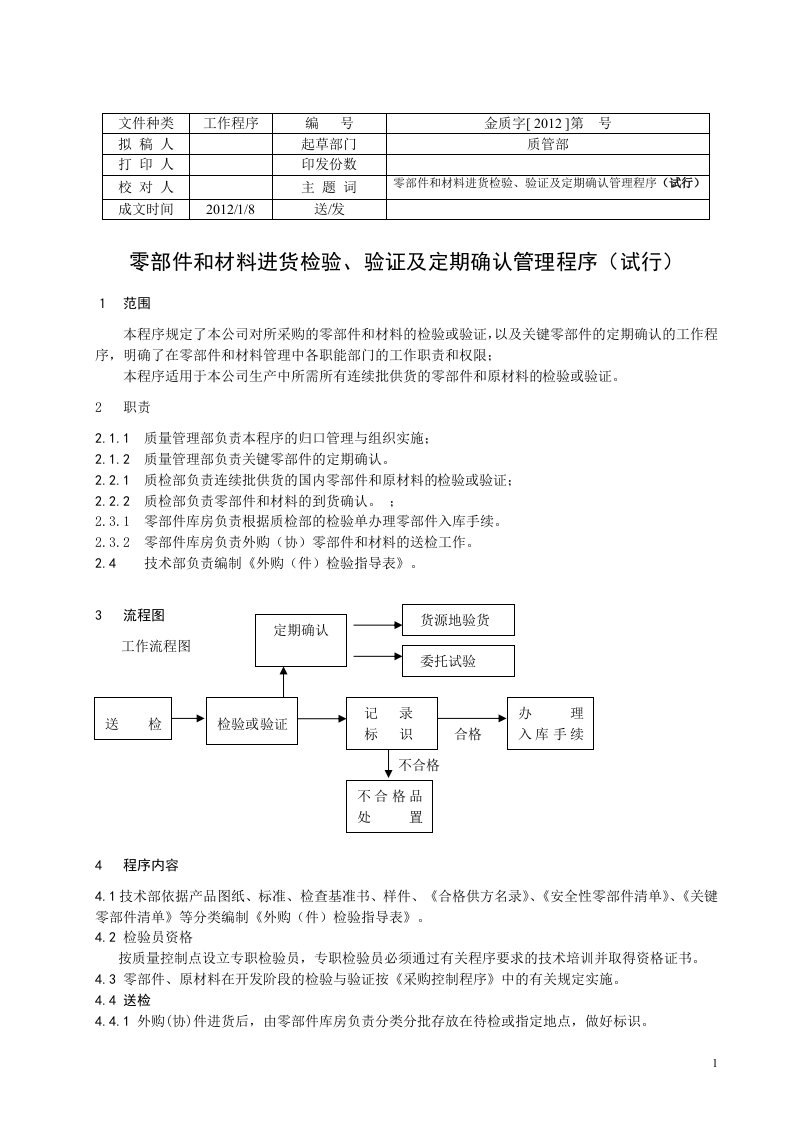 汽车零部件和材料进货检验、验证及定期确认管理程序