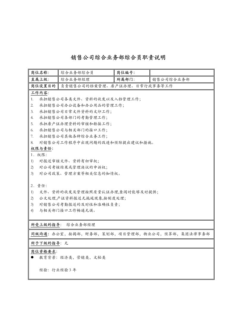 新疆国际置地销售公司综合业务部综合员职责说明书