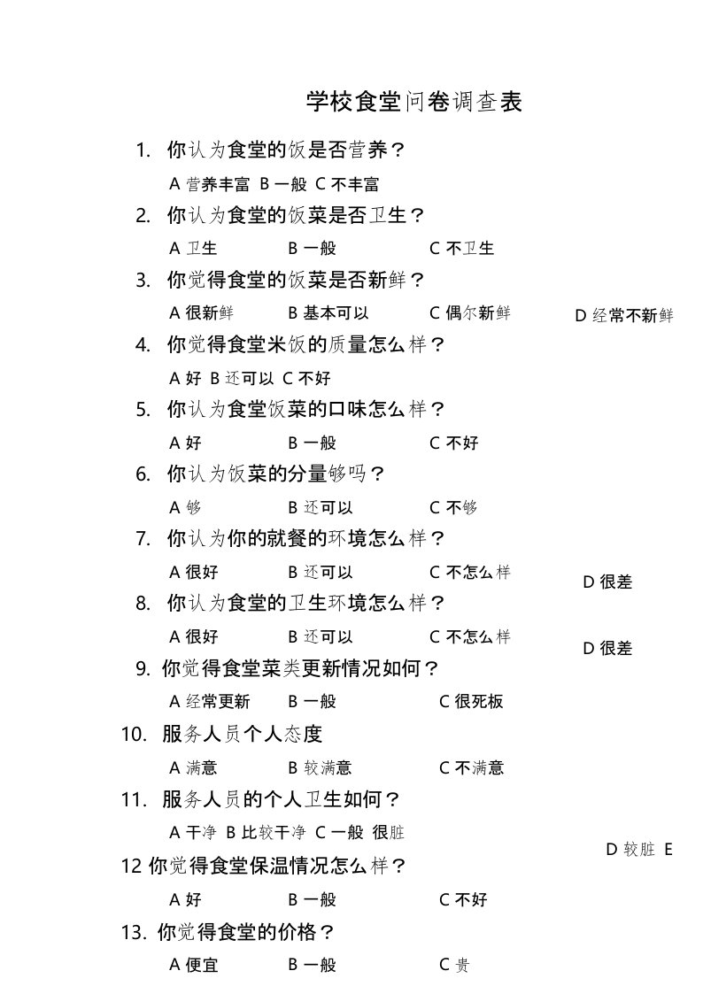 学校食堂问卷调查表