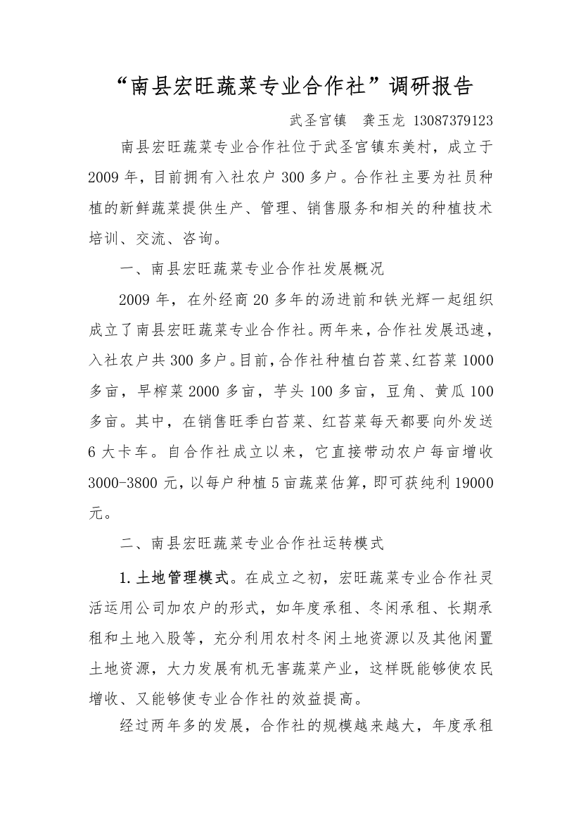 “南县宏旺蔬菜专业合作社”调研报告