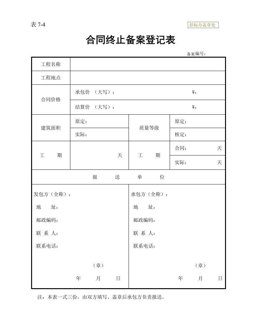 精选合同终止备案登记表表7-4