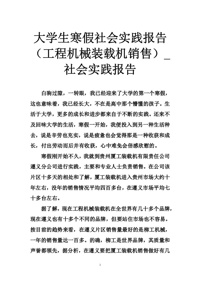 大学生寒假社会实践报告（工程机械装载机销售）