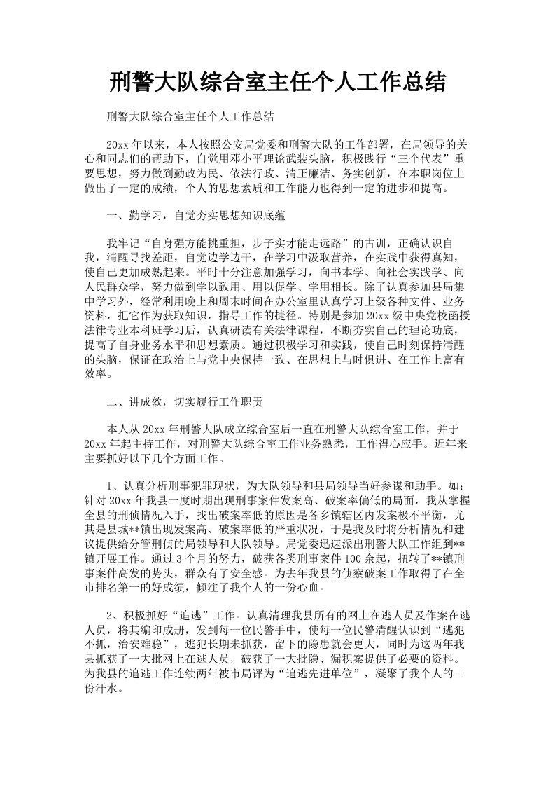 刑警大队综合室主任个人工作总结