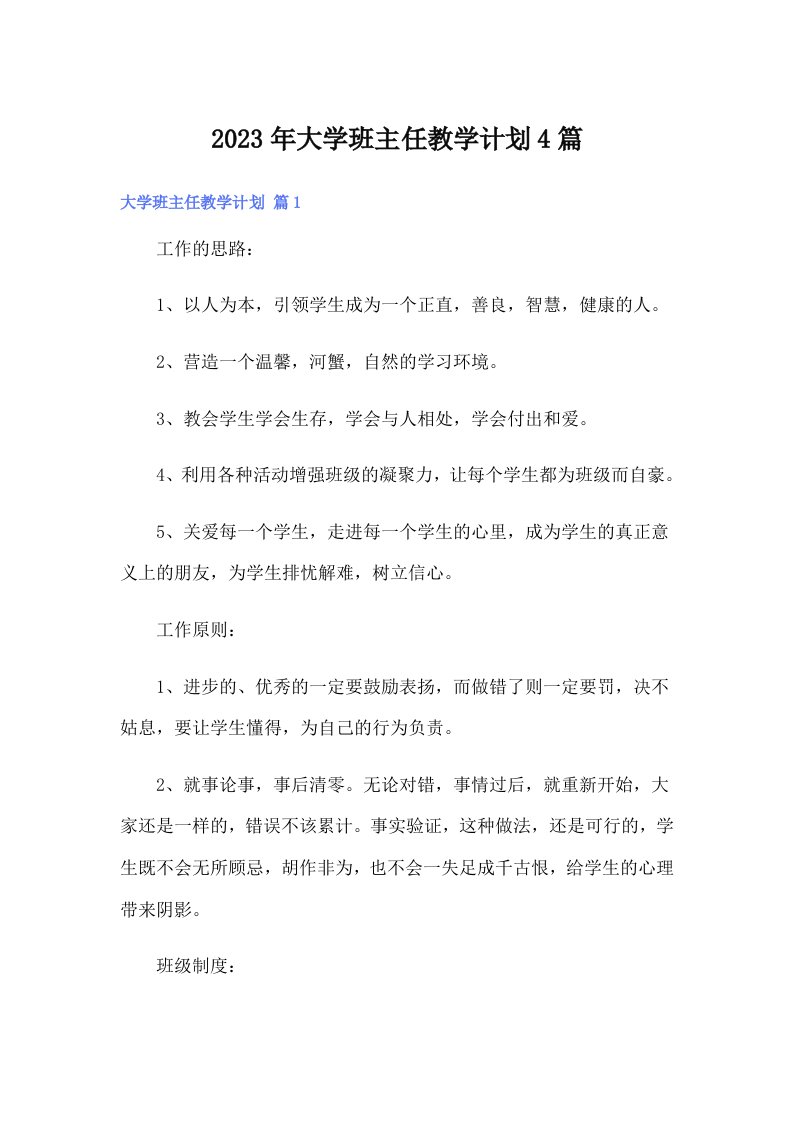 大学班主任教学计划4篇