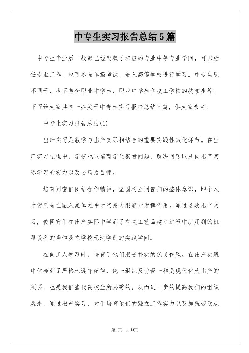 中专生实习报告总结5篇