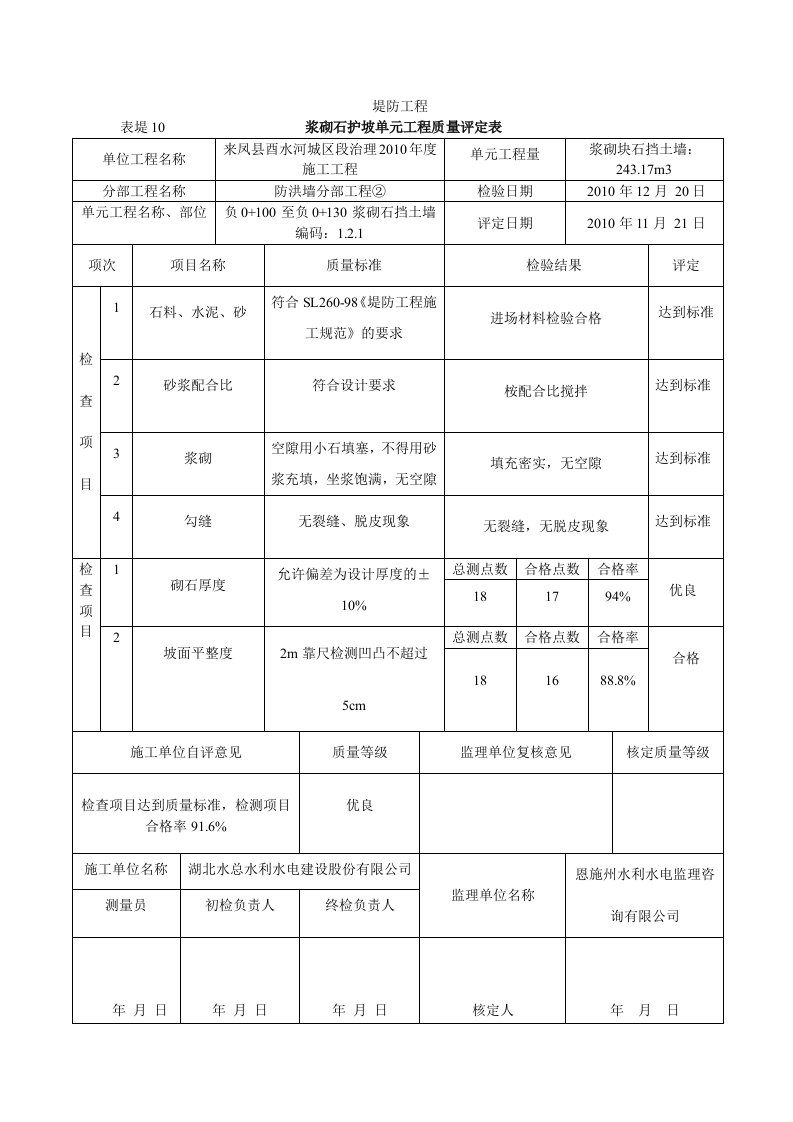 浆砌石护坡单元工程质量评定表