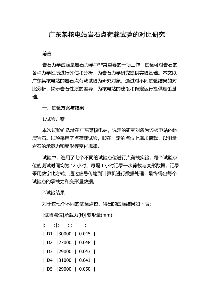 广东某核电站岩石点荷载试验的对比研究