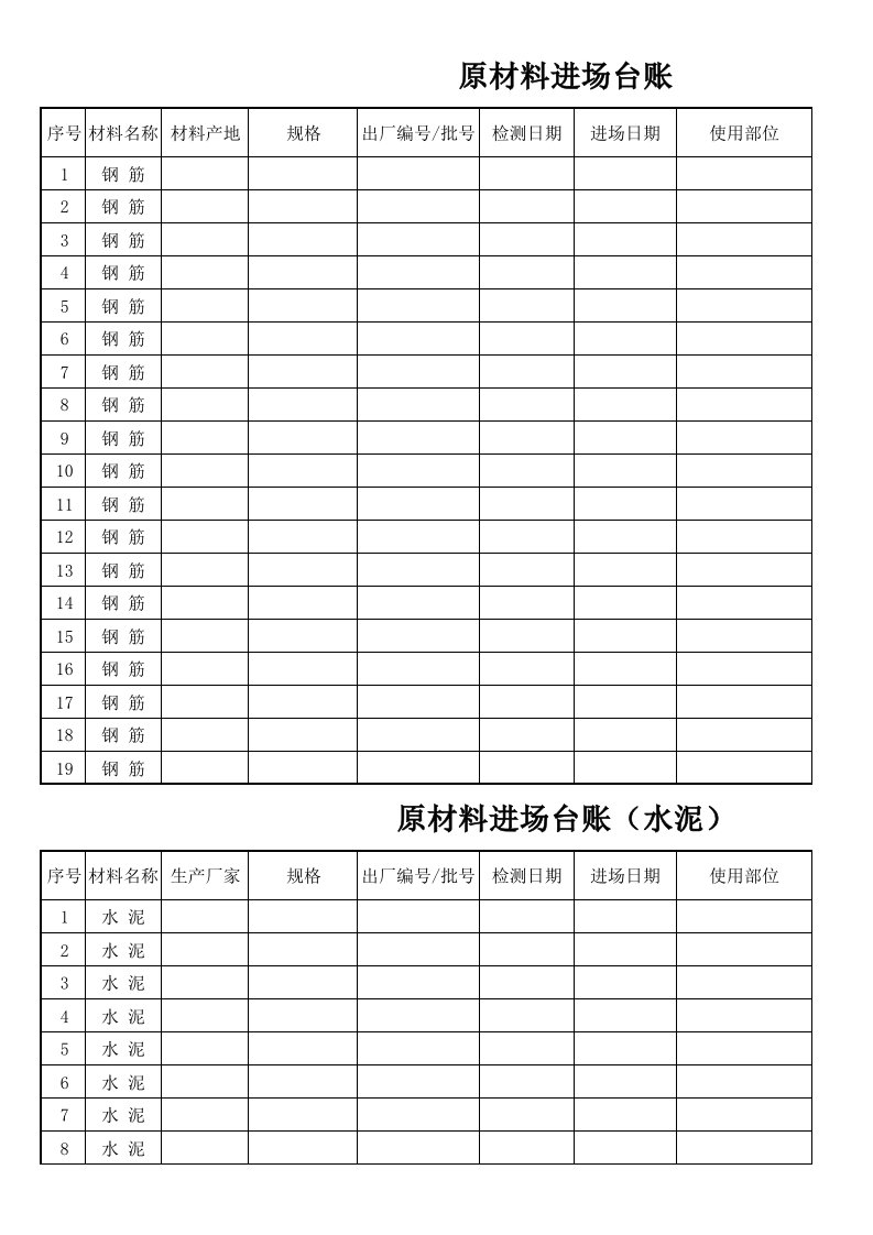 工程施工原材料进场台账表格样式