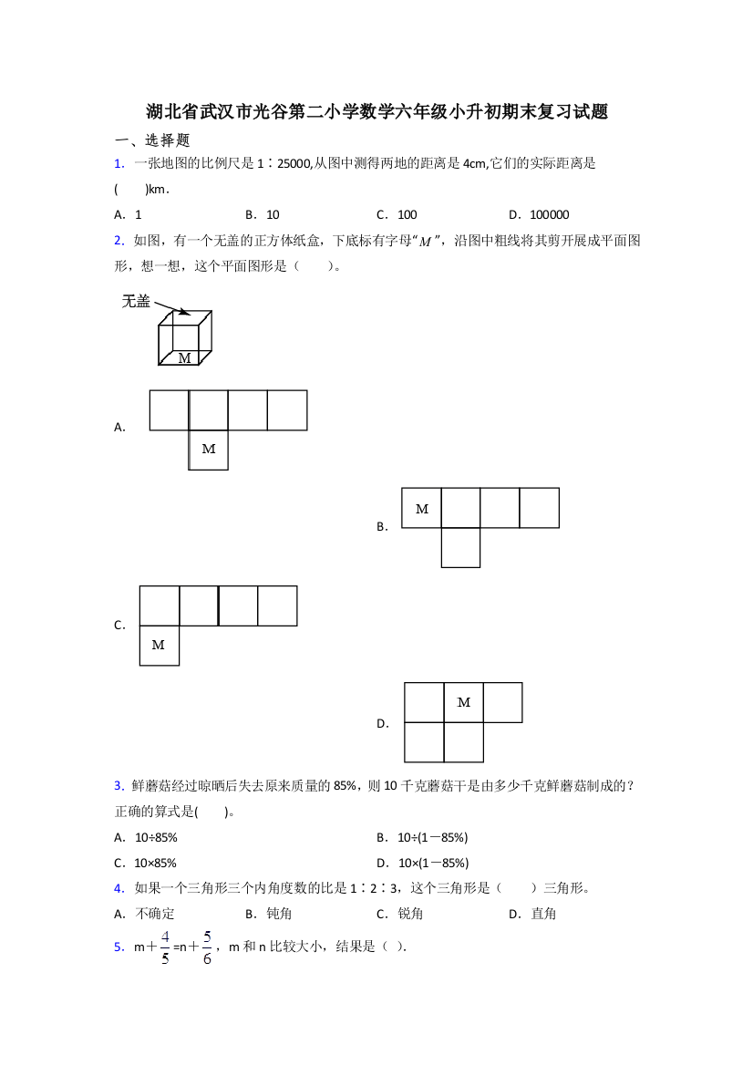 湖北省武汉市光谷第二小学数学六年级小升初期末复习试题