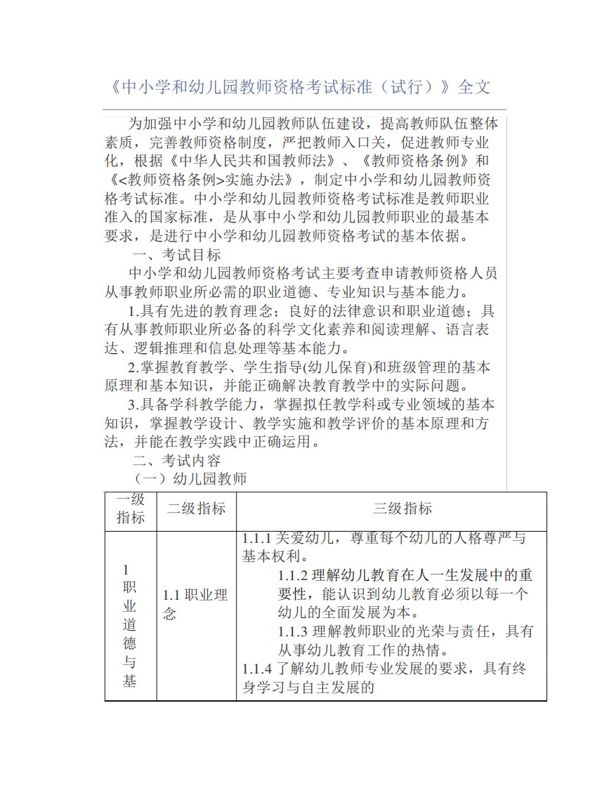 《中小学和幼儿园教师资格考试标准(试行)》全文