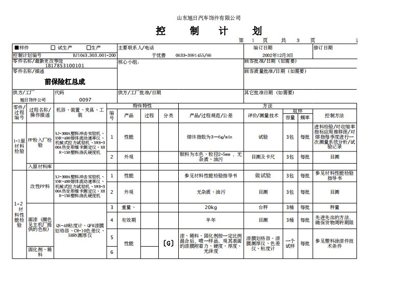 APQP样件和试生产控制计划表