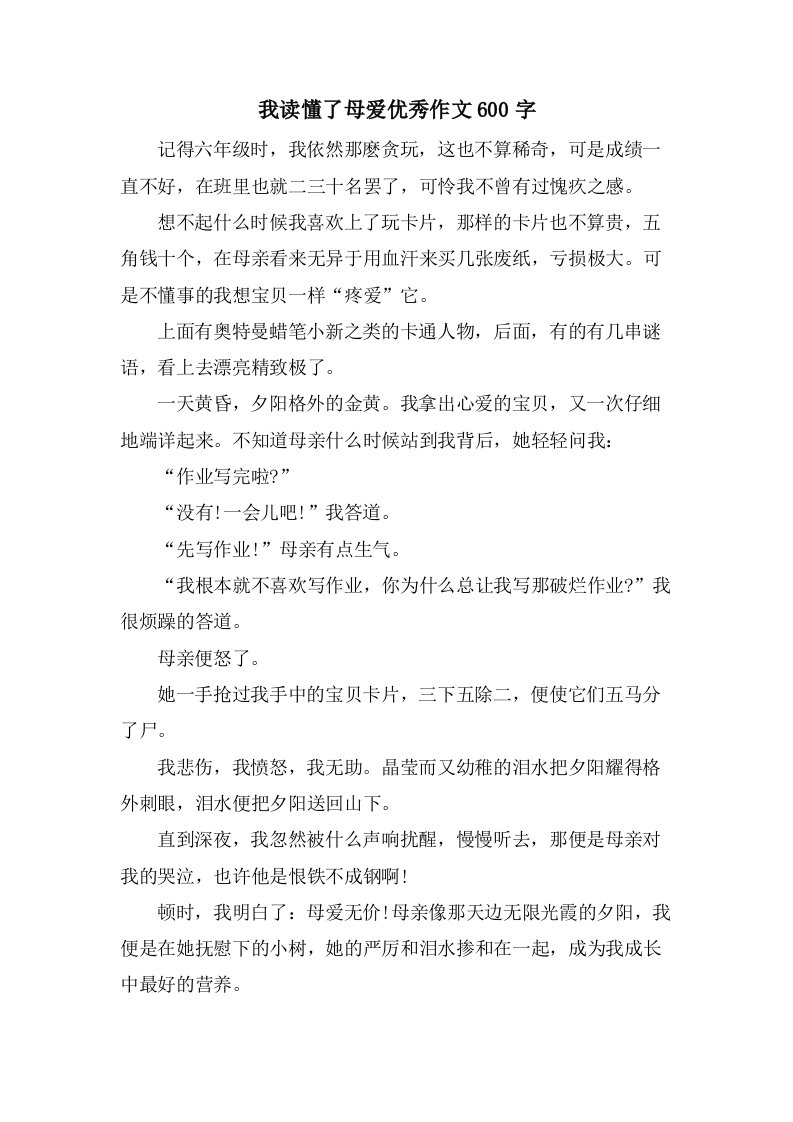 我读懂了母爱作文600字2