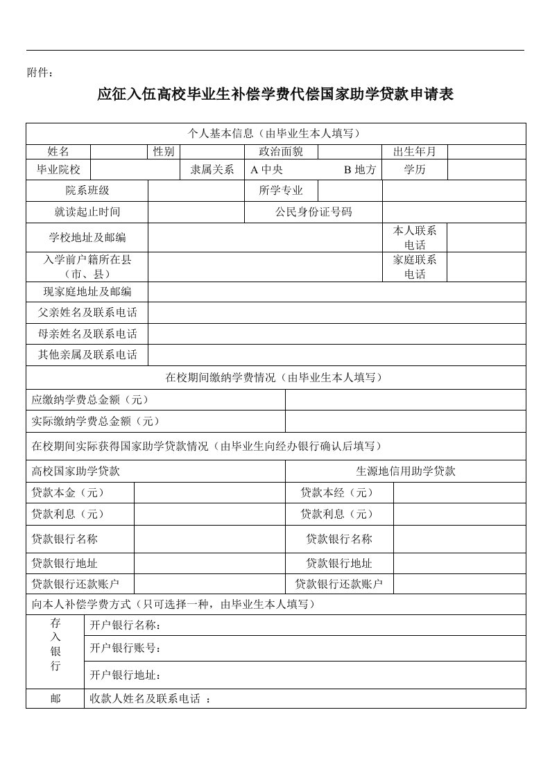 应征入伍高校毕业生补偿学费代偿国家助学贷款申请表[doc]-下载