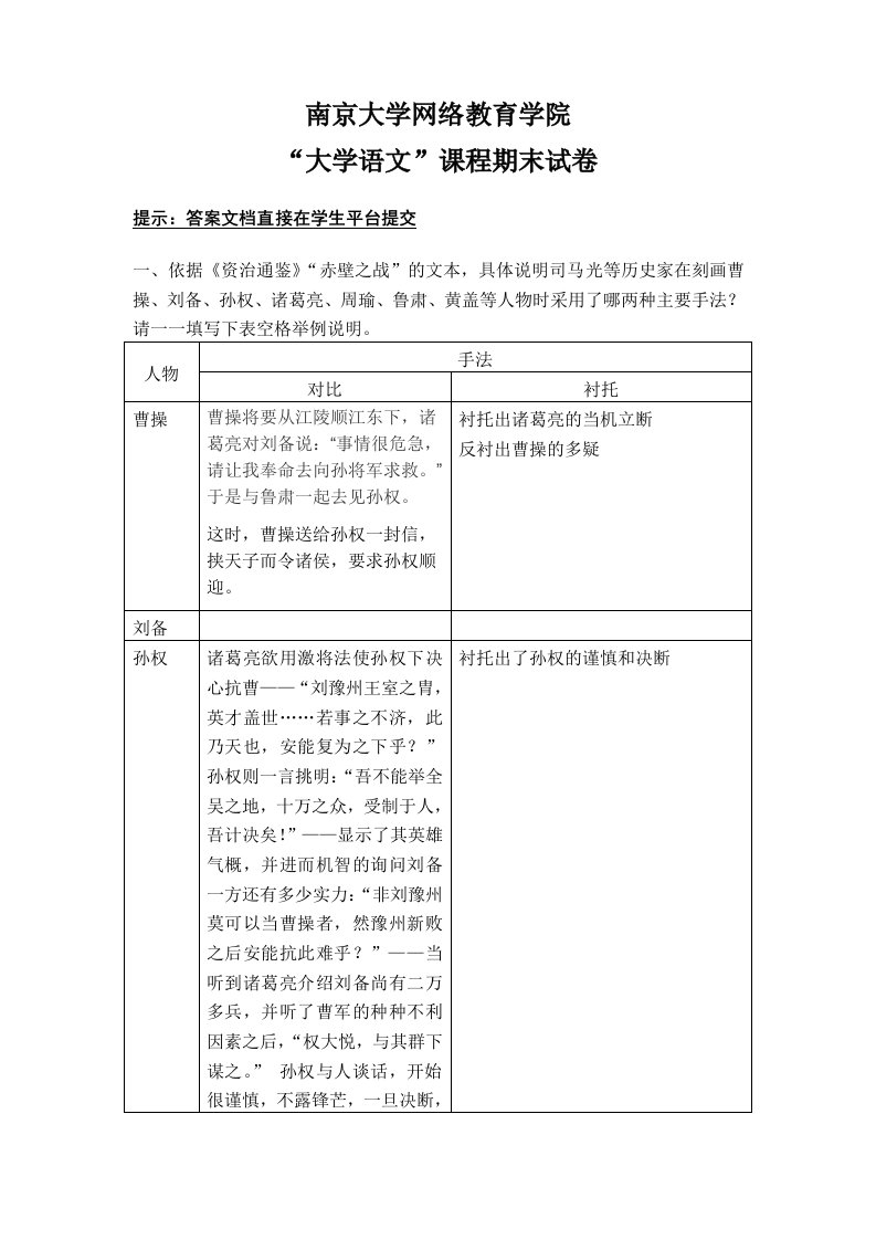 南大远程教育大学语文考试