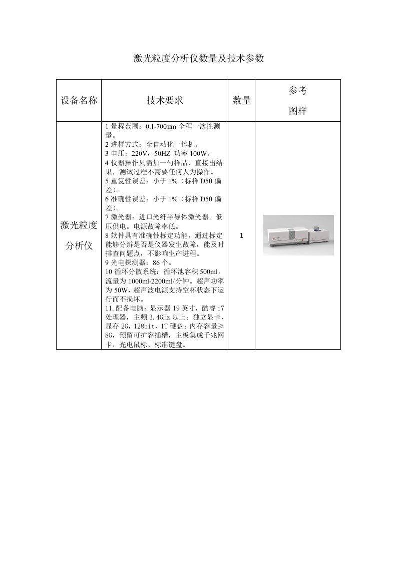 激光粒度分析仪数量及技术参数参考图样