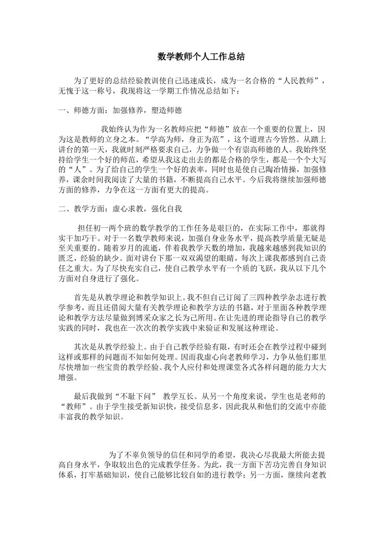 初中数学教师个人工作总结