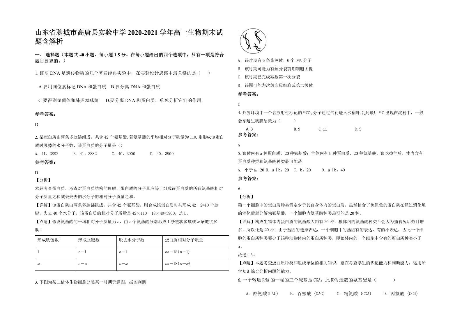 山东省聊城市高唐县实验中学2020-2021学年高一生物期末试题含解析