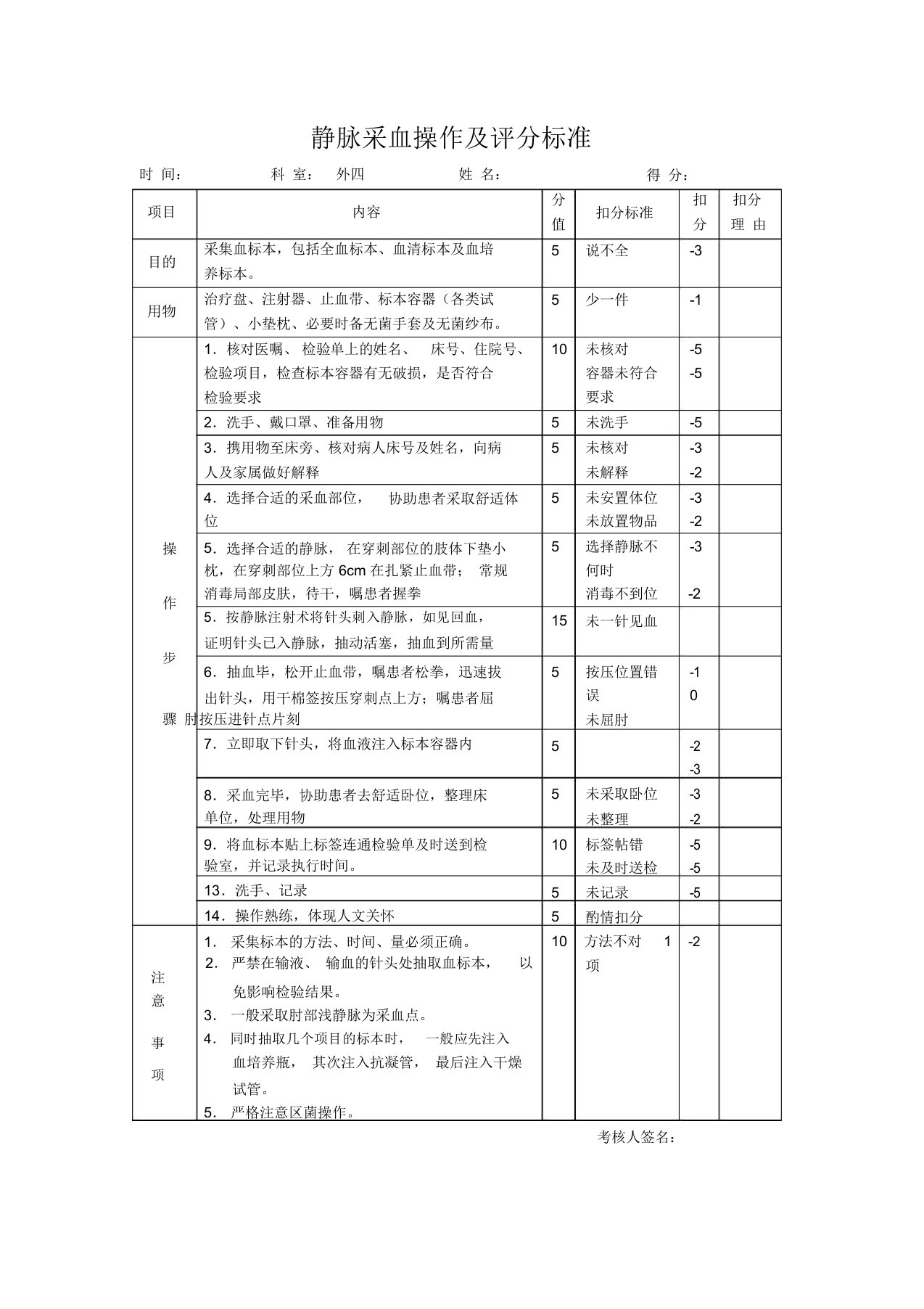 静脉采血操作及评分标准