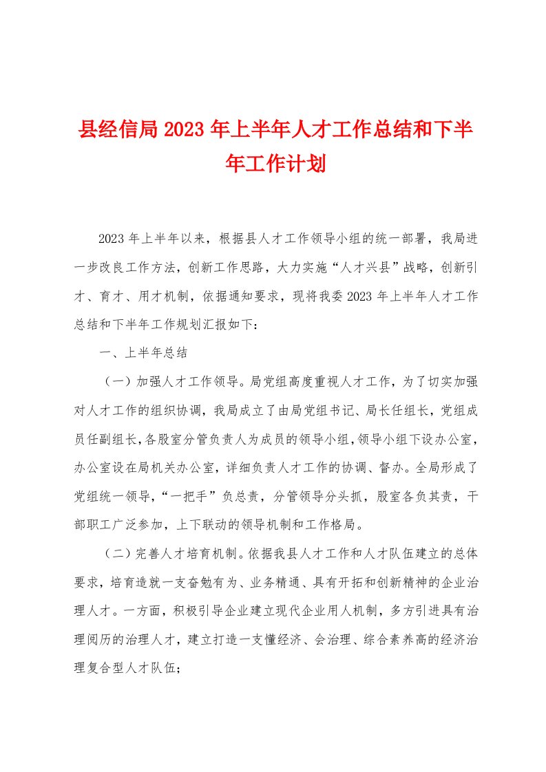 县经信局2023年上半年人才工作总结和下半年工作计划[001]