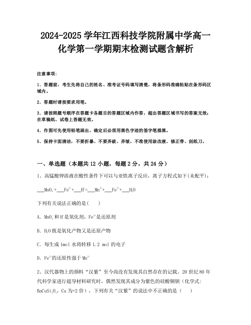 2024-2025学年江西科技学院附属中学高一化学第一学期期末检测试题含解析