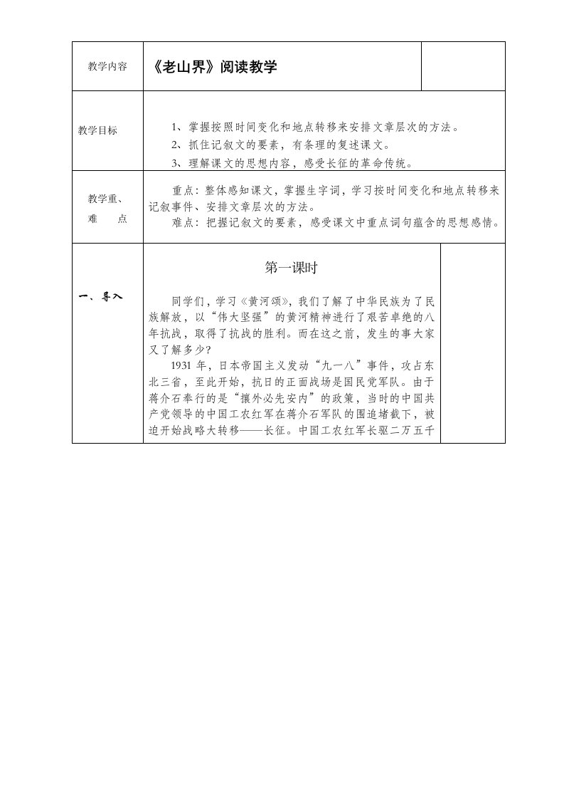 教学内容《老山界》阅读教学教学目标