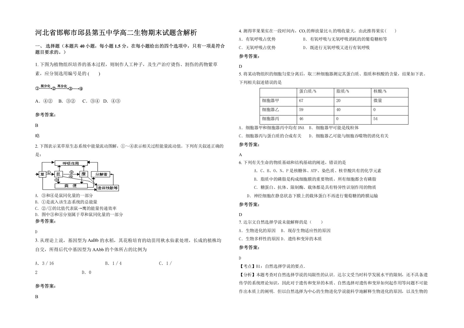 河北省邯郸市邱县第五中学高二生物期末试题含解析