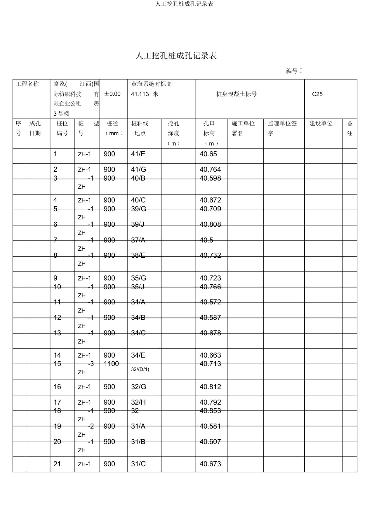 人工挖孔桩成孔记录表