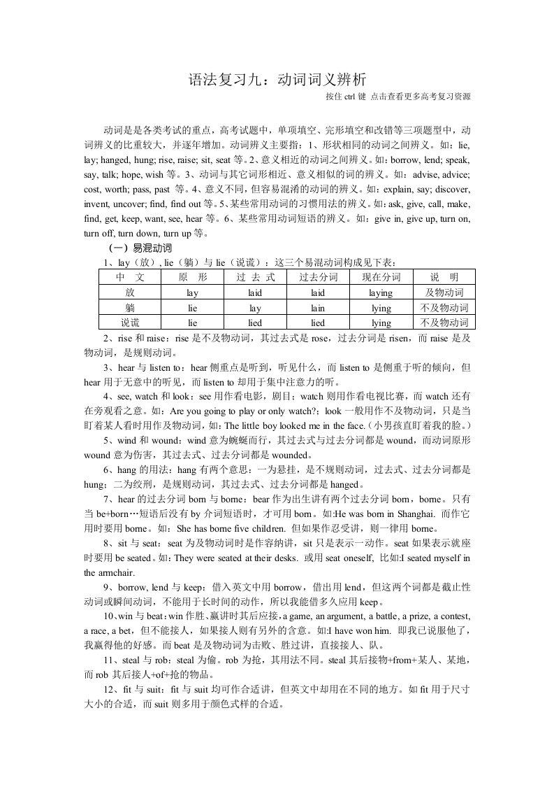 高考语法复习配套练习9动词词义辨析