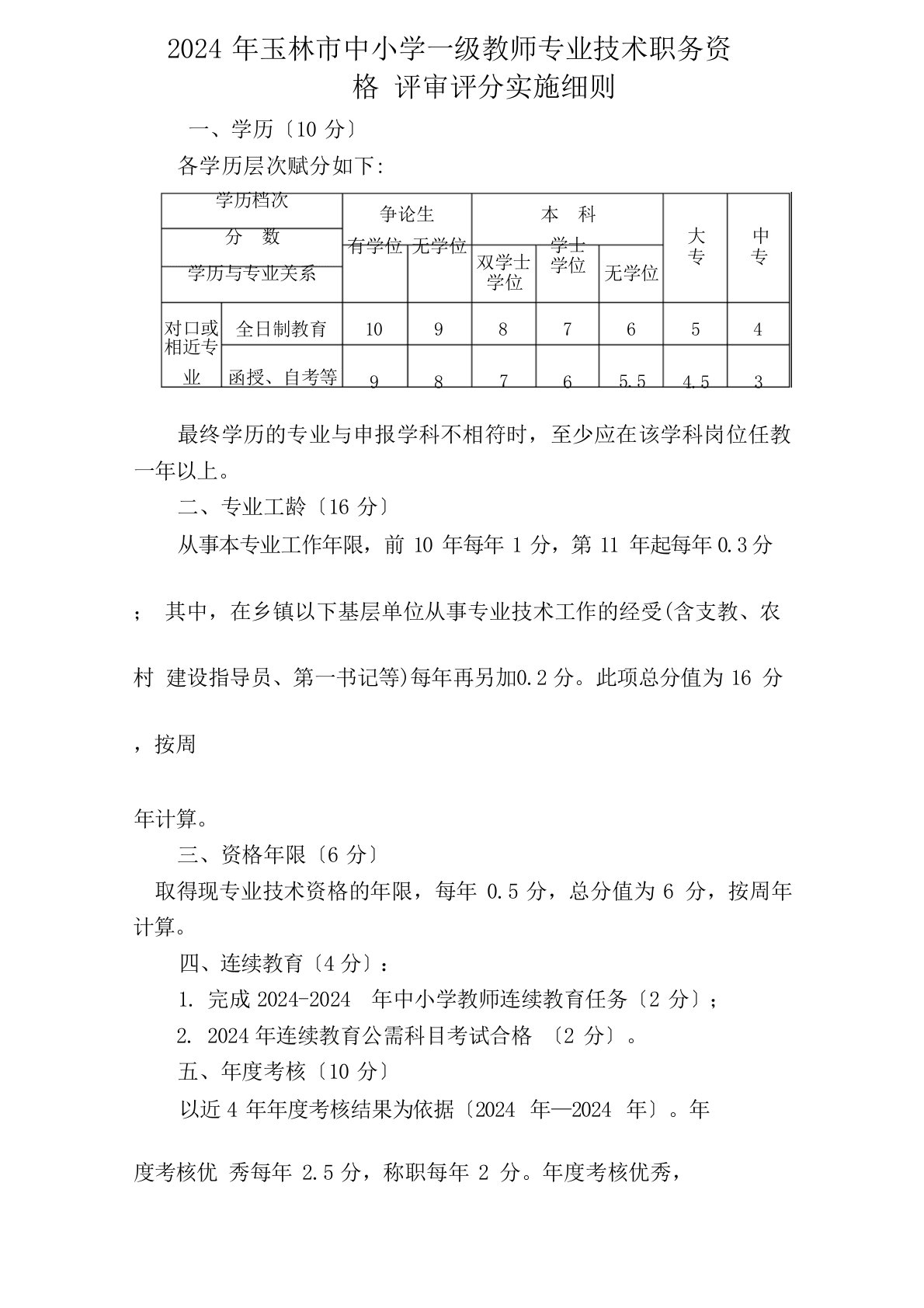 2024年玉林市中小学一级教师专业技术职务资格评审评分实施细则