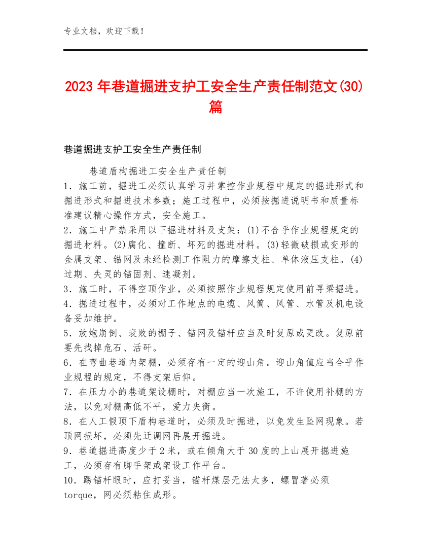 2023年巷道掘进支护工安全生产责任制范文(30)篇