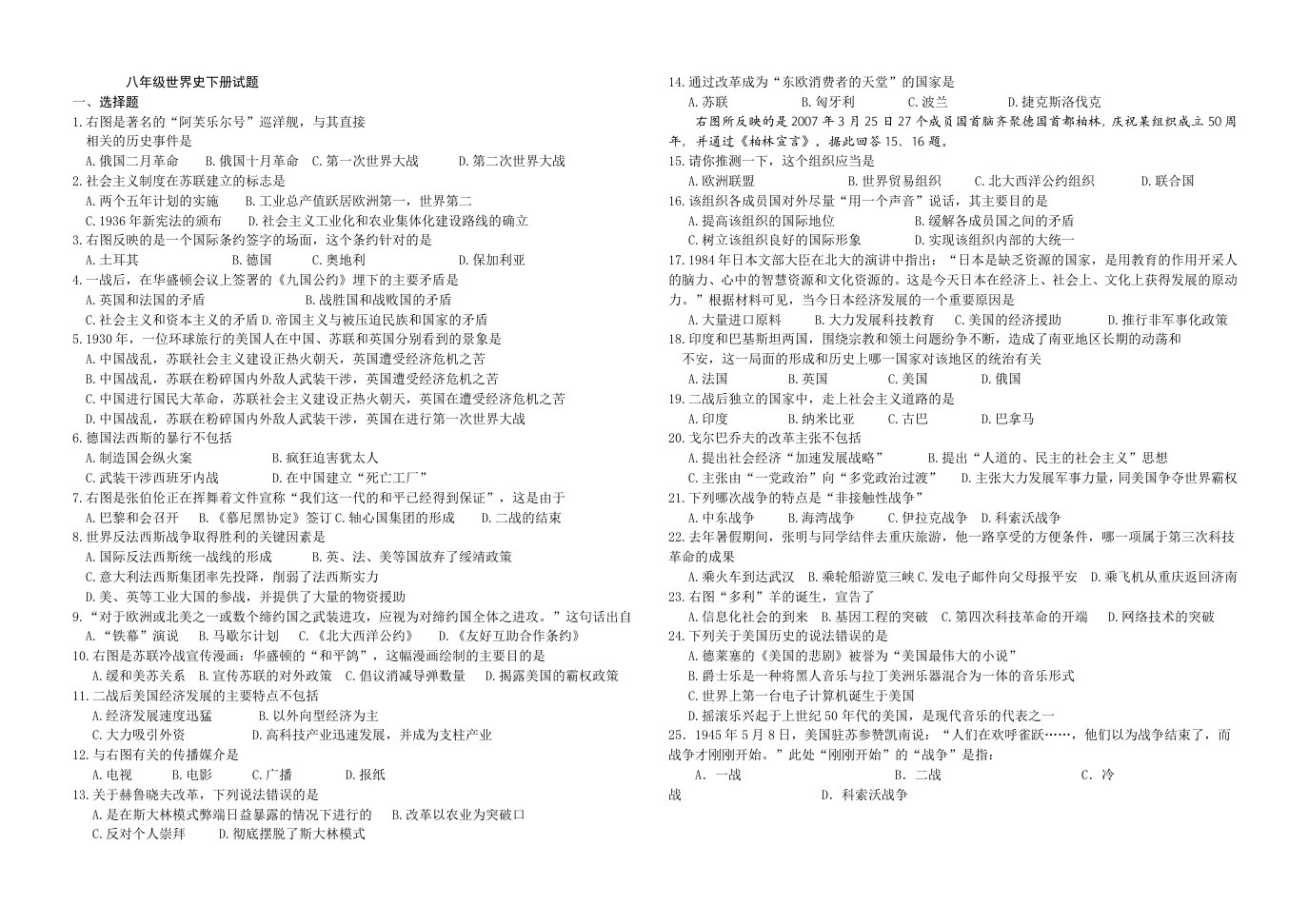 九年级下册历史试题