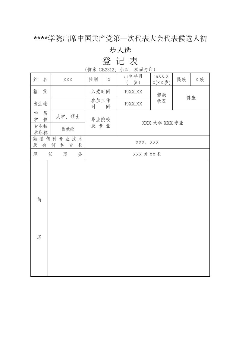 候选人初步人选登记表