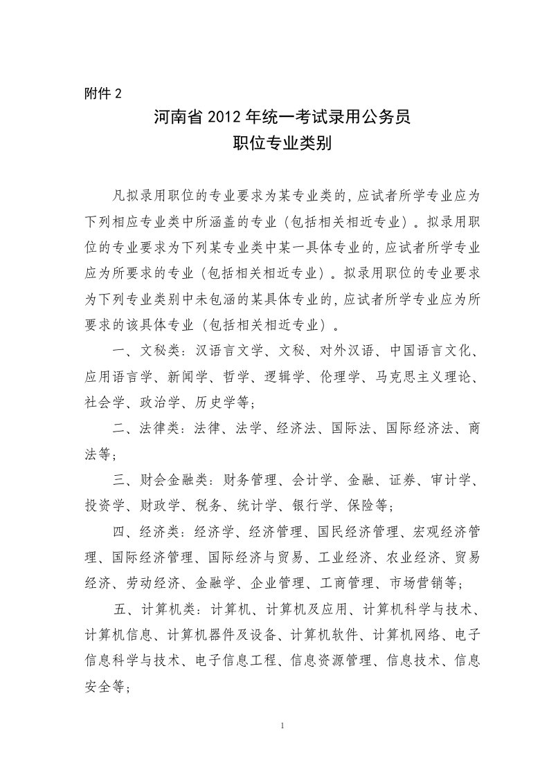 河南省2012年统一考试录用公务员拟录用职位专业类别doc_IkX