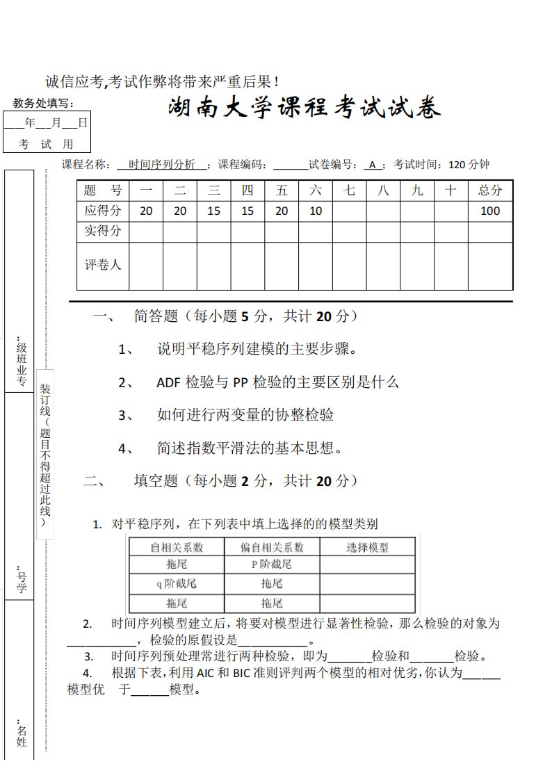 时间序列分析期末考试