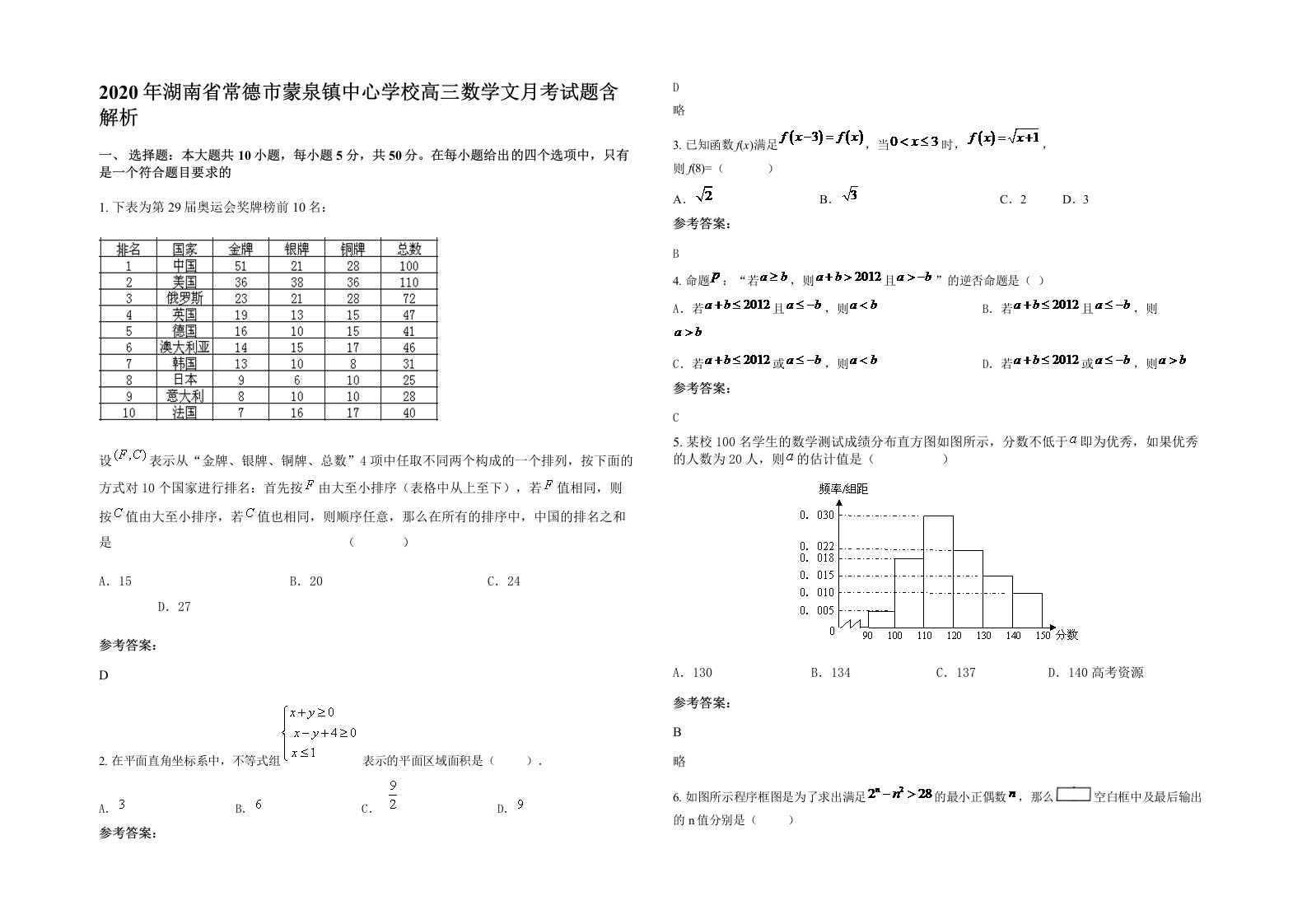 2020年湖南省常德市蒙泉镇中心学校高三数学文月考试题含解析