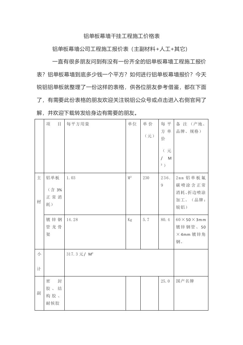 铝单板幕墙干挂工程施工价格表