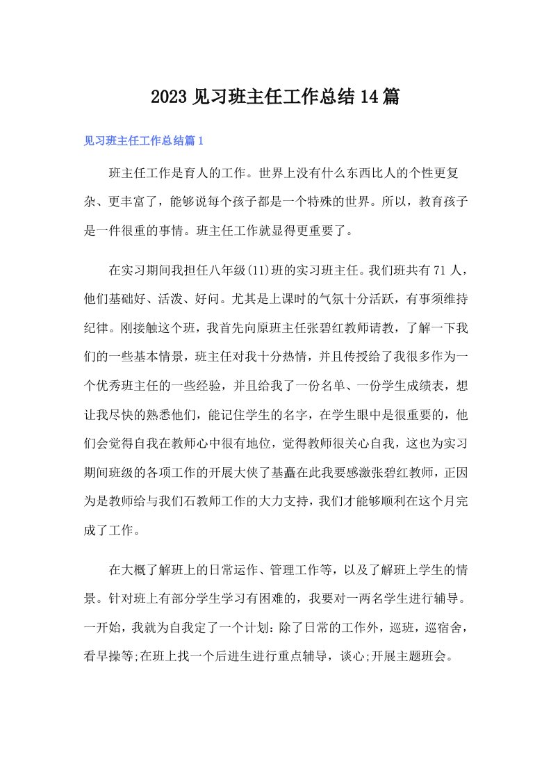 2023见习班主任工作总结14篇