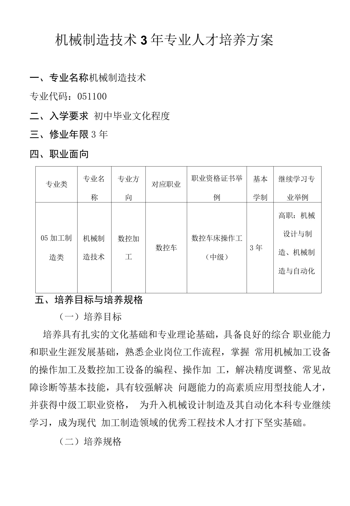 机械制造技术3年专业人才培养方案