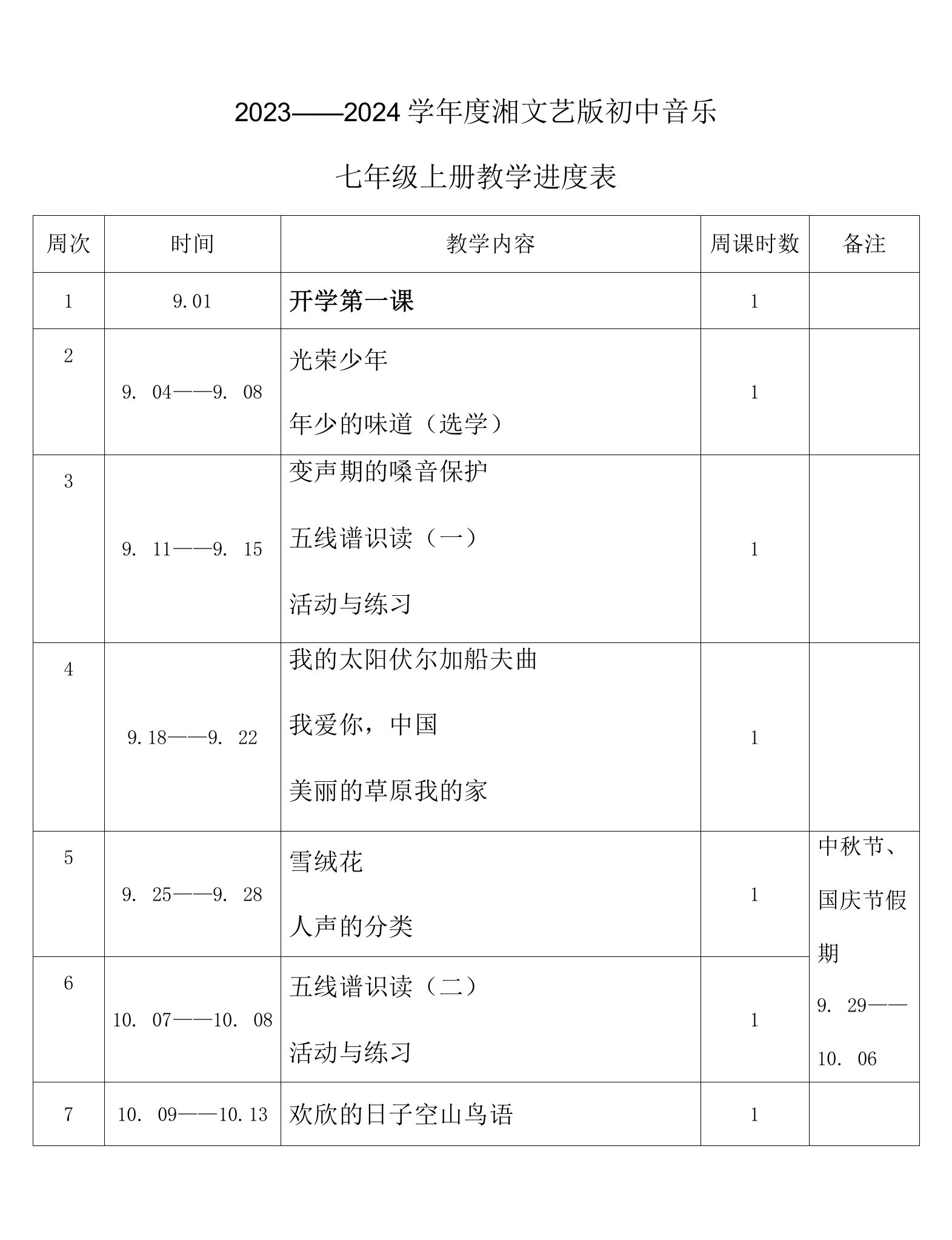 2023年秋学期湘文艺版初中音乐七年级上册教学进度表