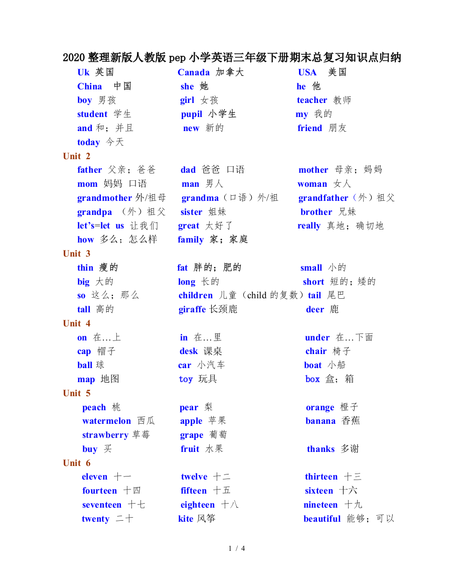 2020整理新版人教版pep小学英语三年级下册期末总复习知识点归纳