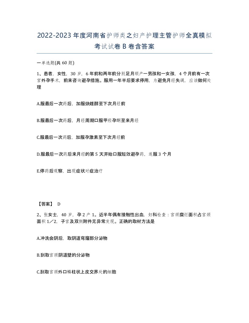 2022-2023年度河南省护师类之妇产护理主管护师全真模拟考试试卷B卷含答案