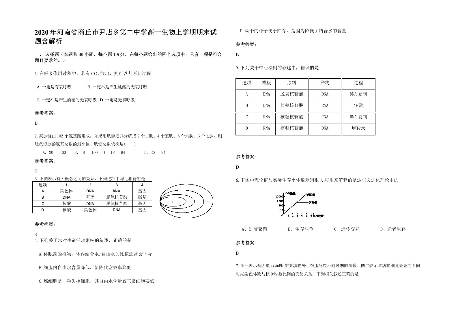 2020年河南省商丘市尹店乡第二中学高一生物上学期期末试题含解析