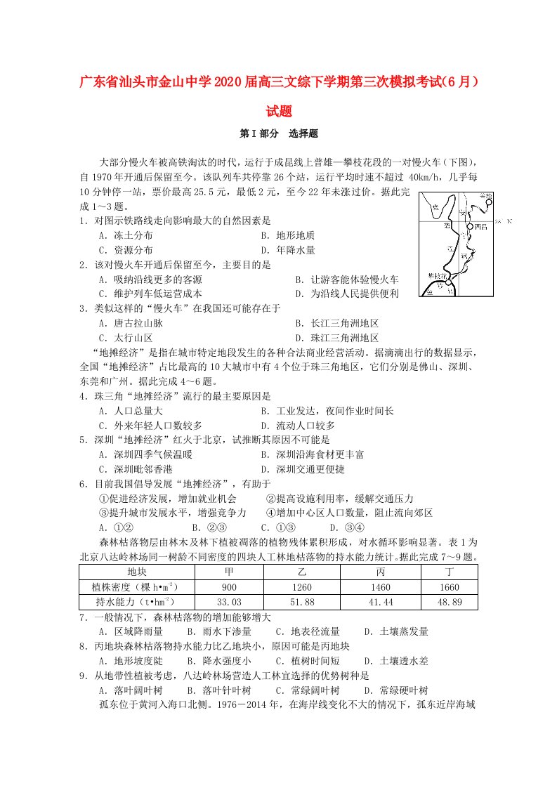 广东省汕头市金山中学2020届高三文综下学期第三次模拟考试6月试题